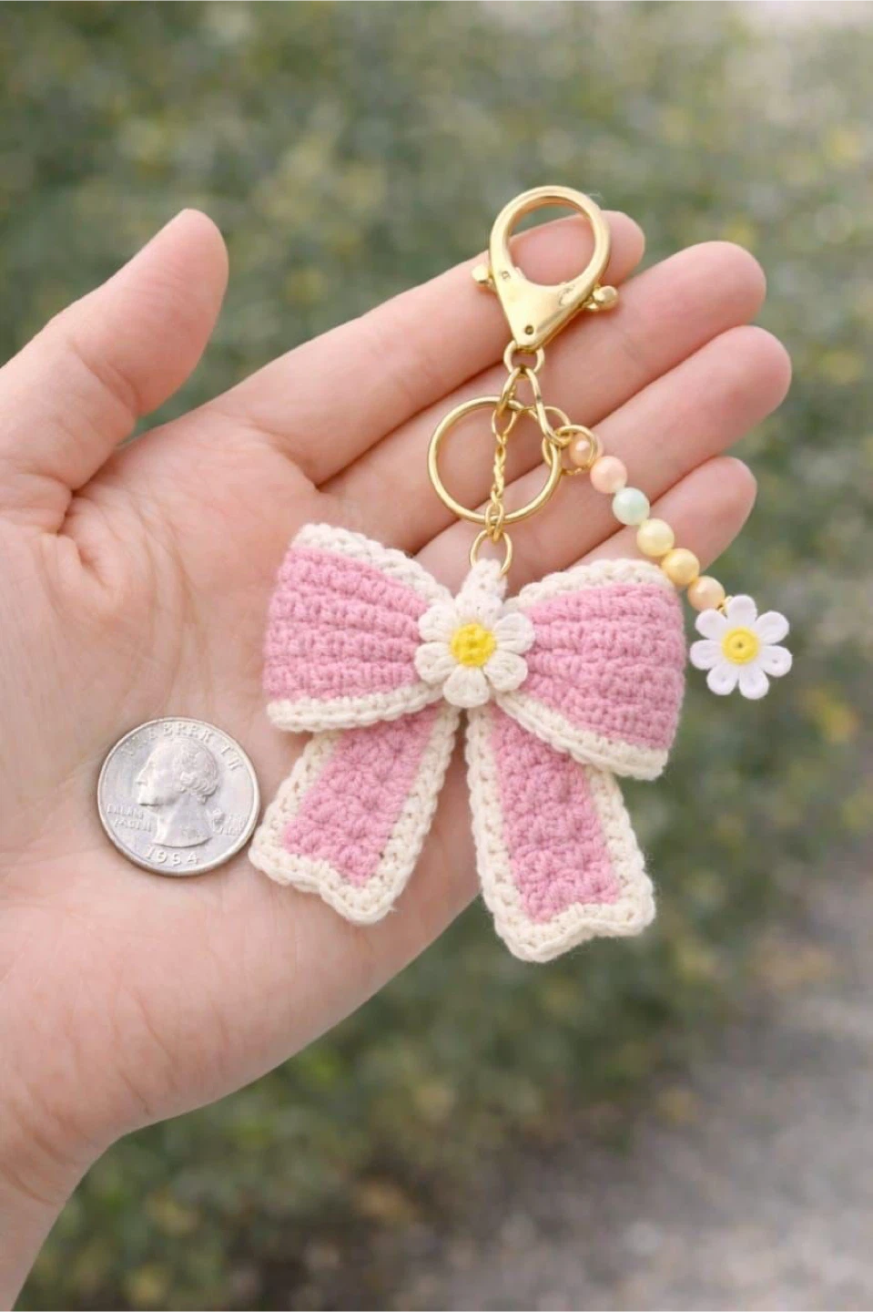 Crocheted Pink Bow Keychain with Flower Charm