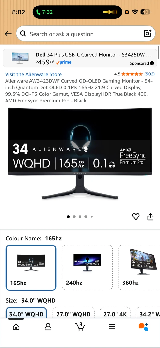 Alienware AW3423DWF 34" Curved QD-OLED Gaming Monitor