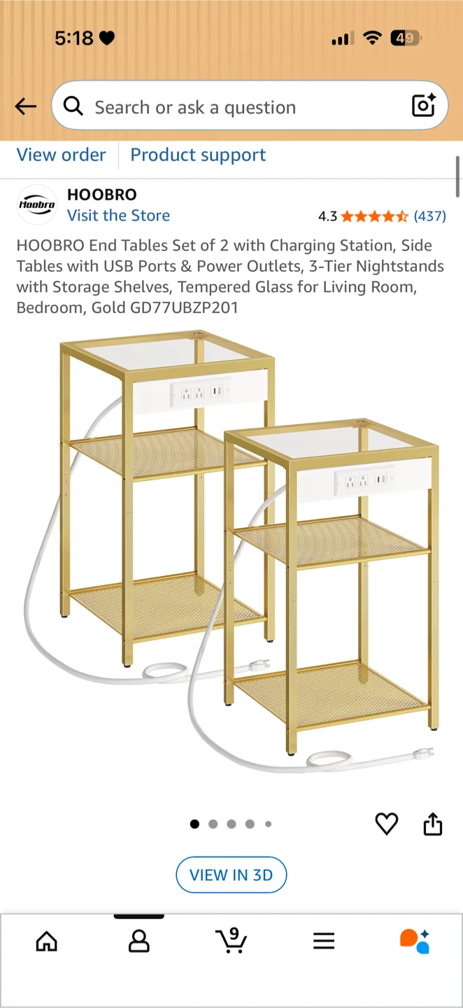 Set of 2 - HOOBRO End Table with Charging Station - Gold - photo 2