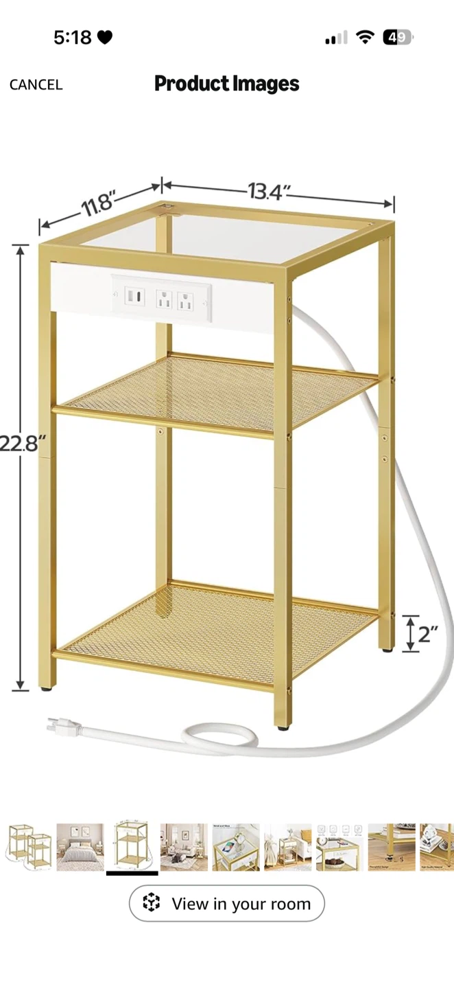 Set of 2 - HOOBRO End Table with Charging Station - Gold - photo 3