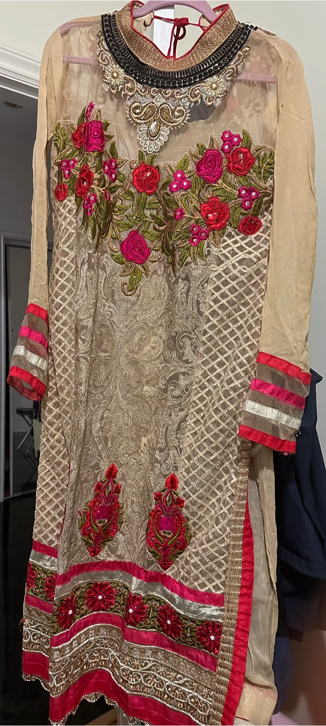 Beige Embroidered Kameez with Pink and Red Flowers