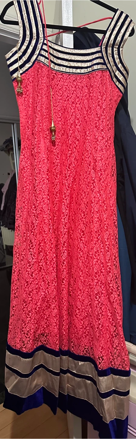 Pink Lace Anarkali Style Dress with Blue and Gold Trim