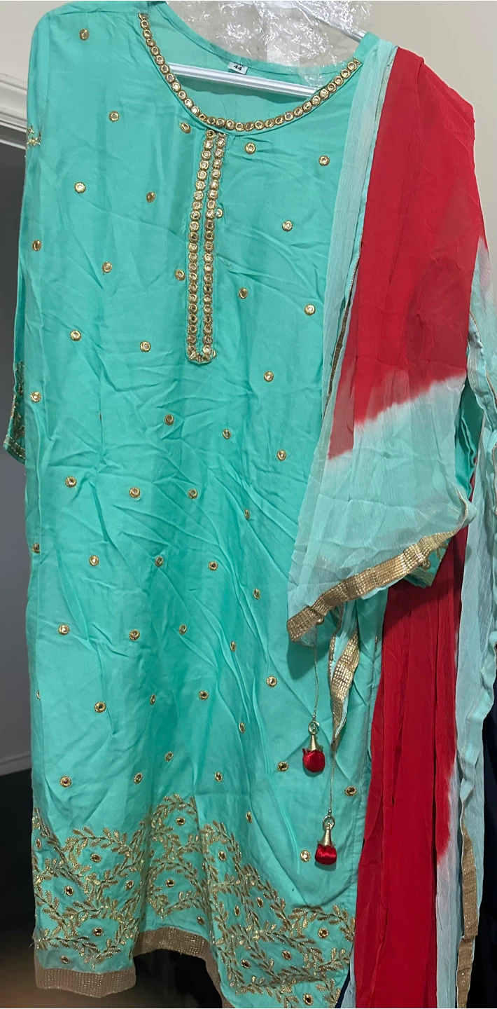 Turquoise Salwar Kameez with Red Dupatta