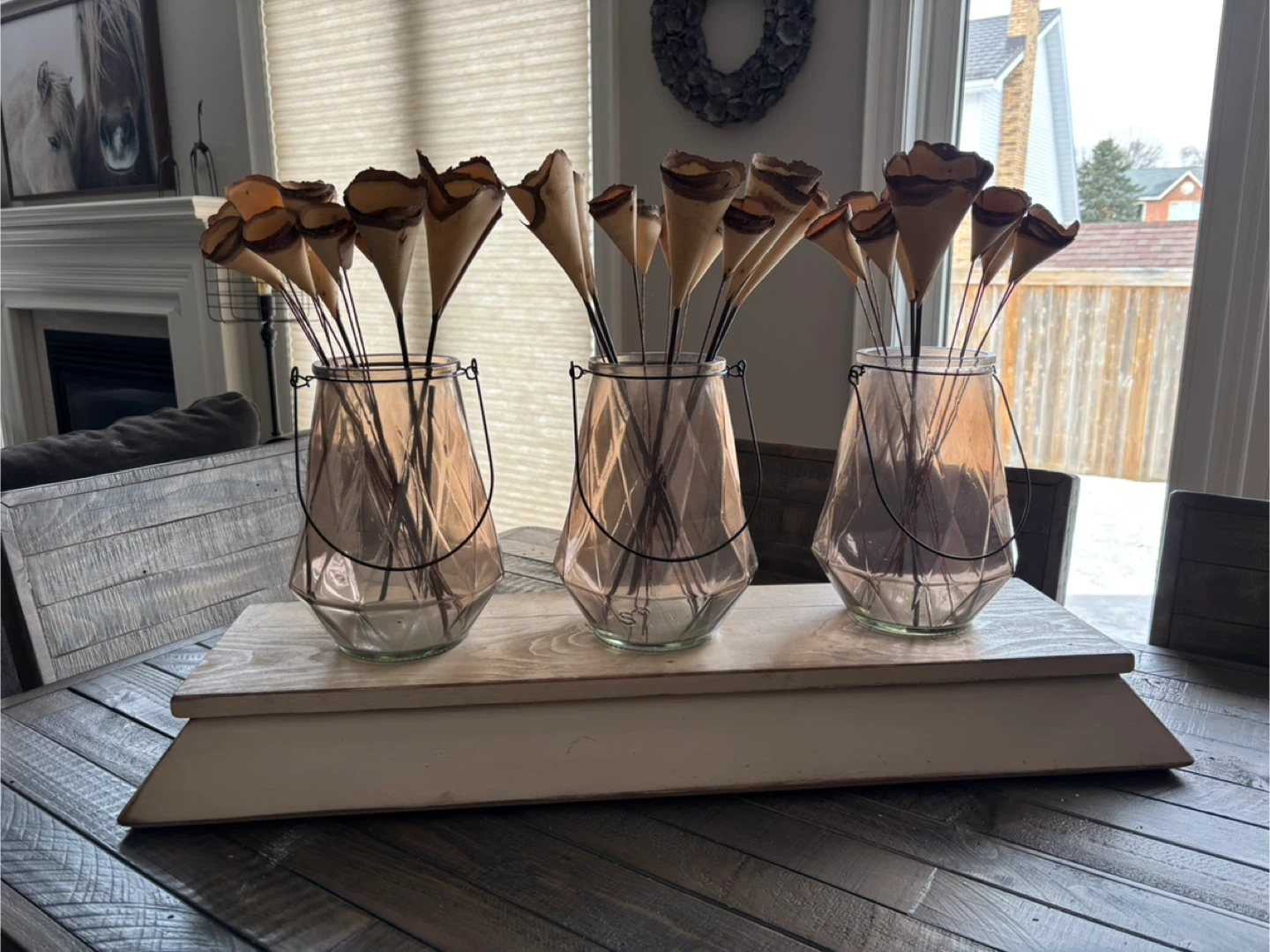 Set of 3 Decorative Glass Vases with Natural Wood Stems