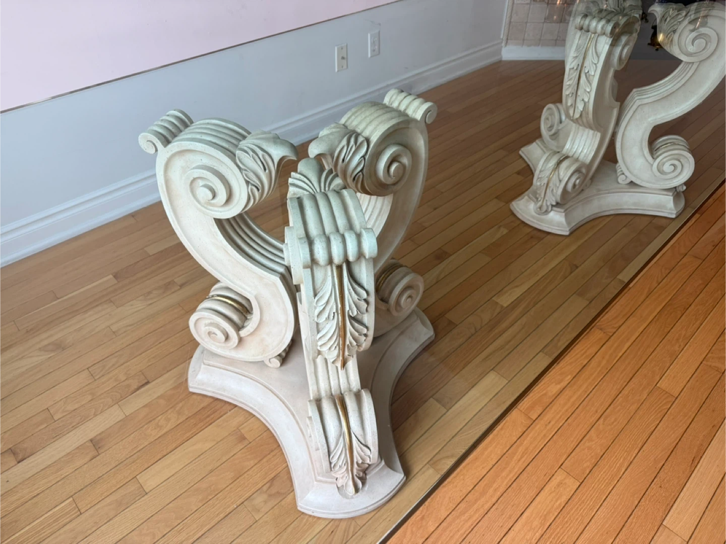 Glass Dining Table with Ornate Pedestal Bases