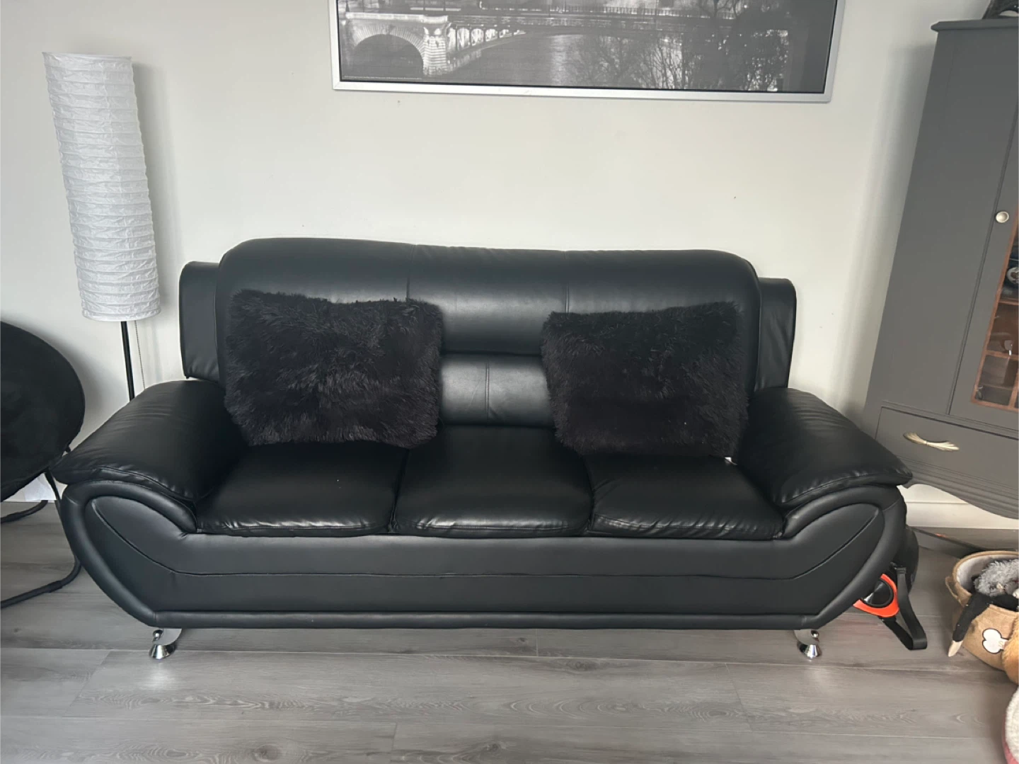 Black Faux Leather 3-Seater Sofa