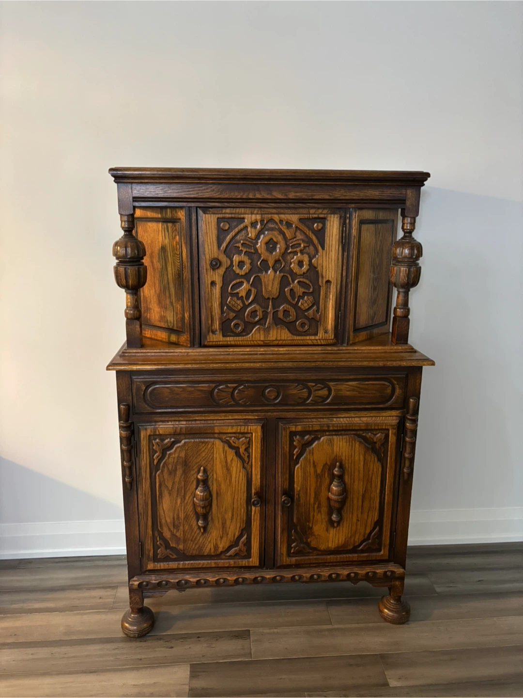 Antique Oak Cabinet with Carved Detailing