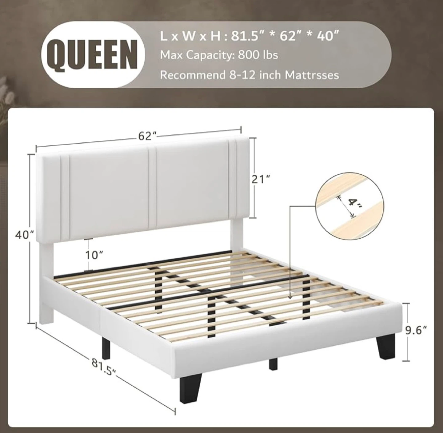 Queen Size White Upholstered Bed Frame with Headboard - photo 2