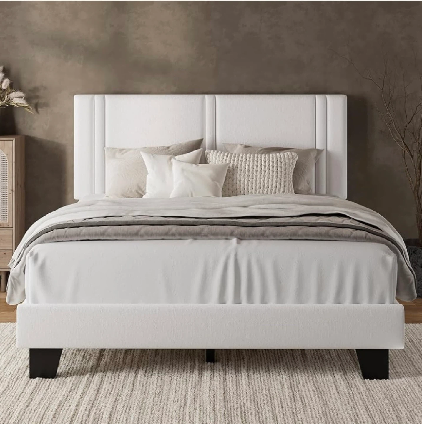 Queen Size White Upholstered Bed Frame with Headboard