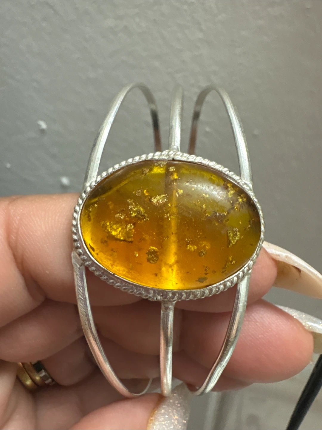 New Silver Tone Cuff Bracelet with Amber Stone
