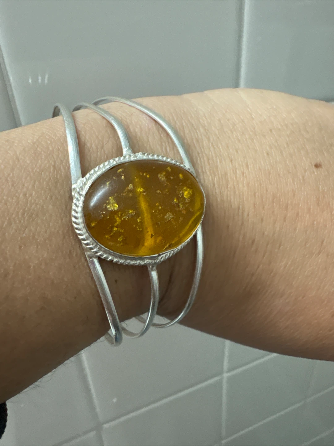 New Silver Tone Cuff Bracelet with Amber Stone - photo 5