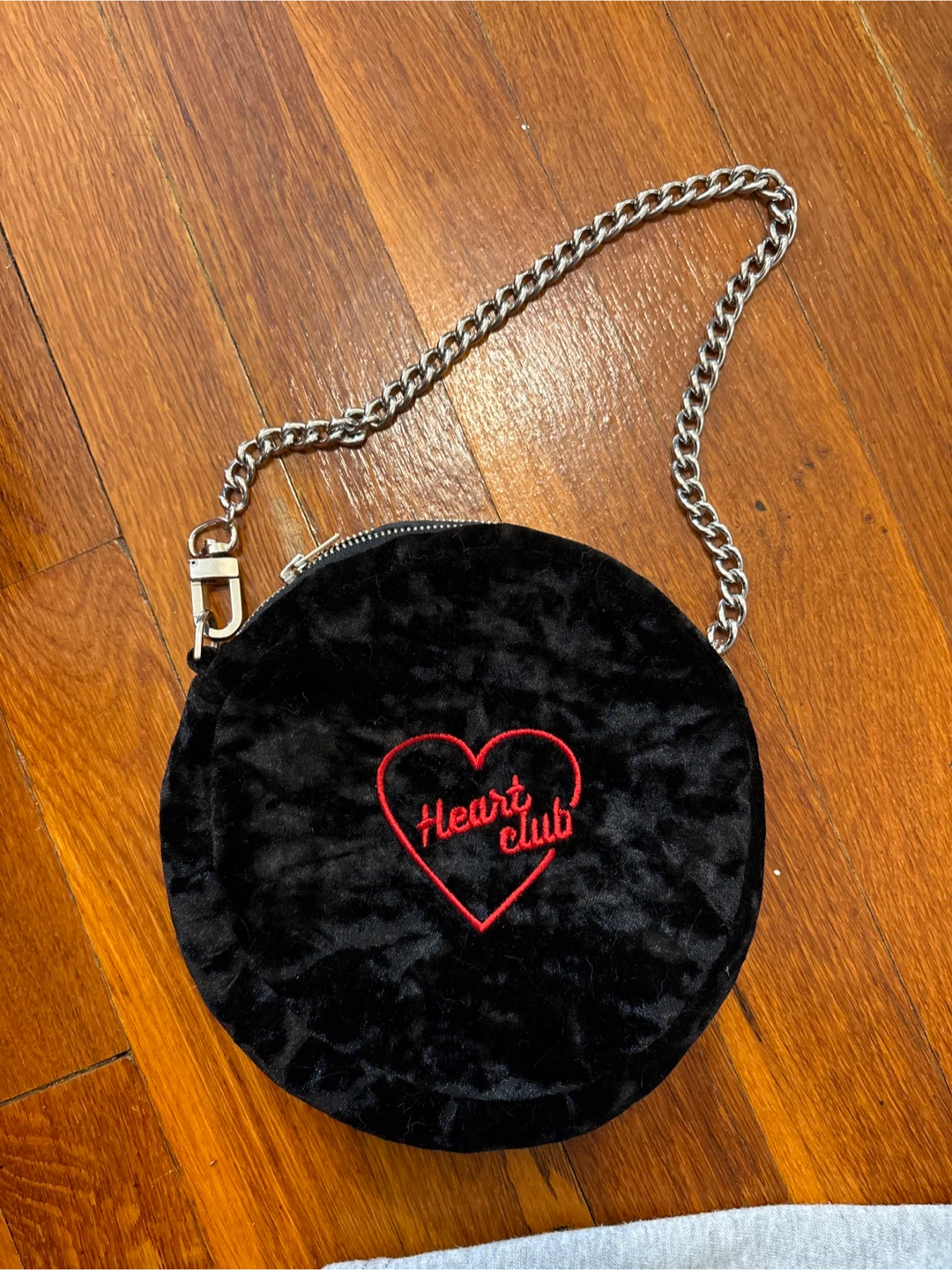 Black Velour Round Bag with "Heart Club" Embroidery