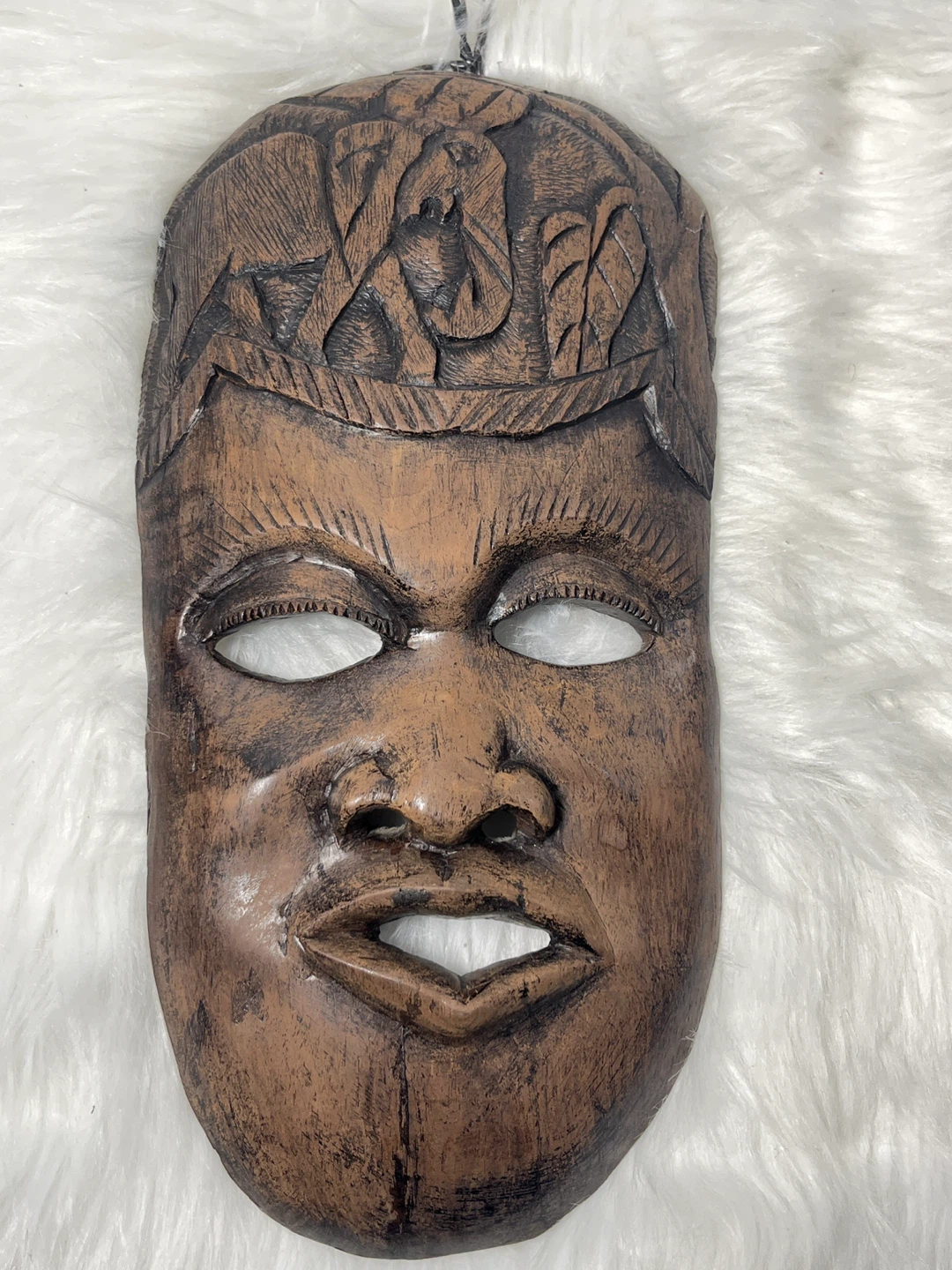 Vintage Carved Wooden Mask with Elephants