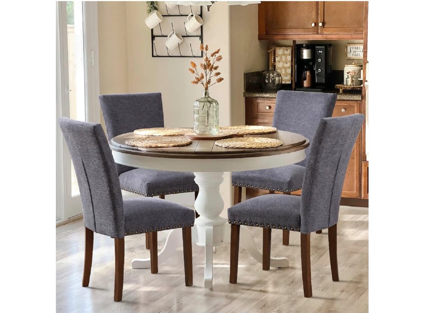 Gray Upholstered Dining Chair Set of 4 with Nailhead Trim