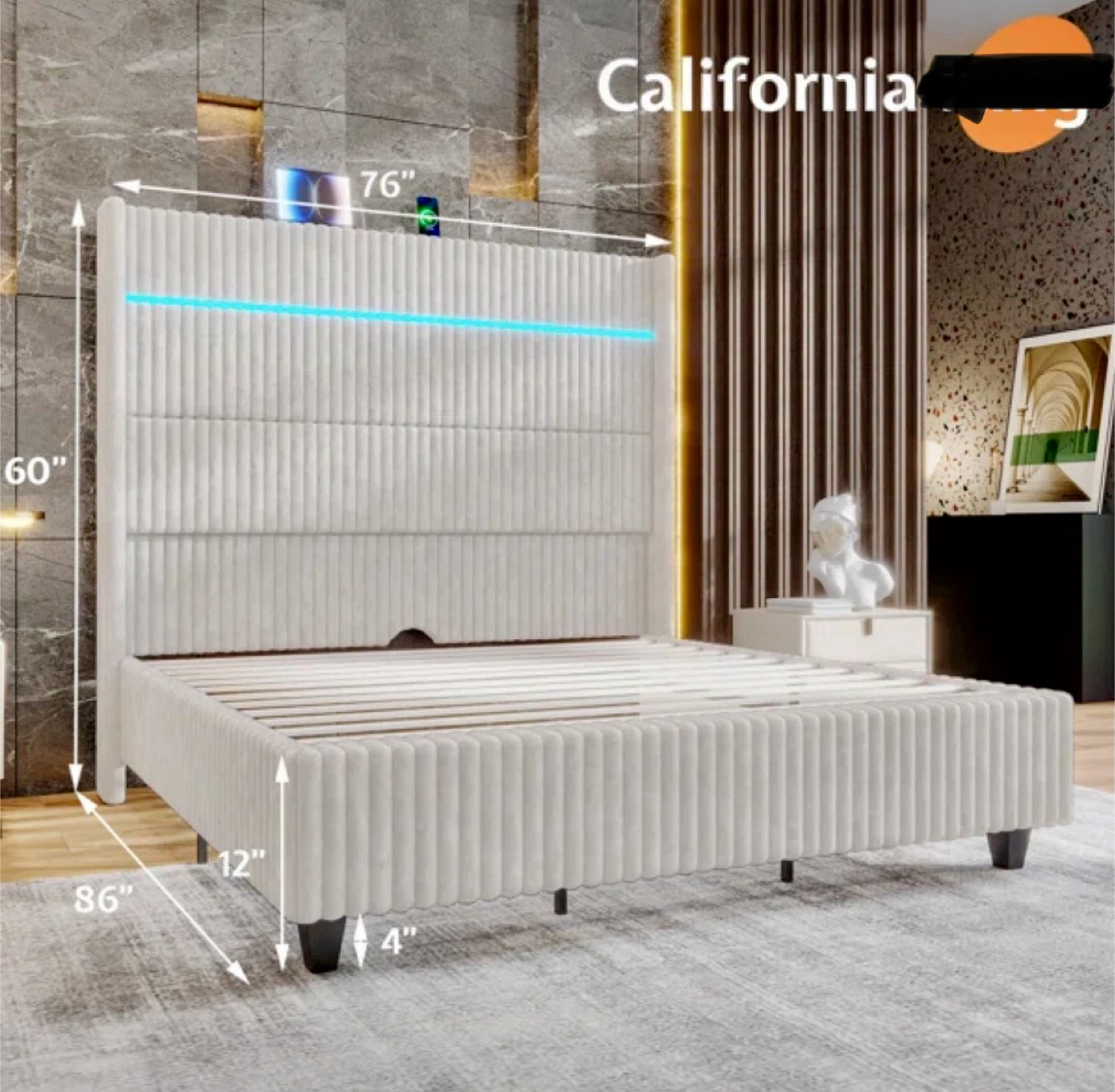 Queen Size Bed Frame with LED Headboard