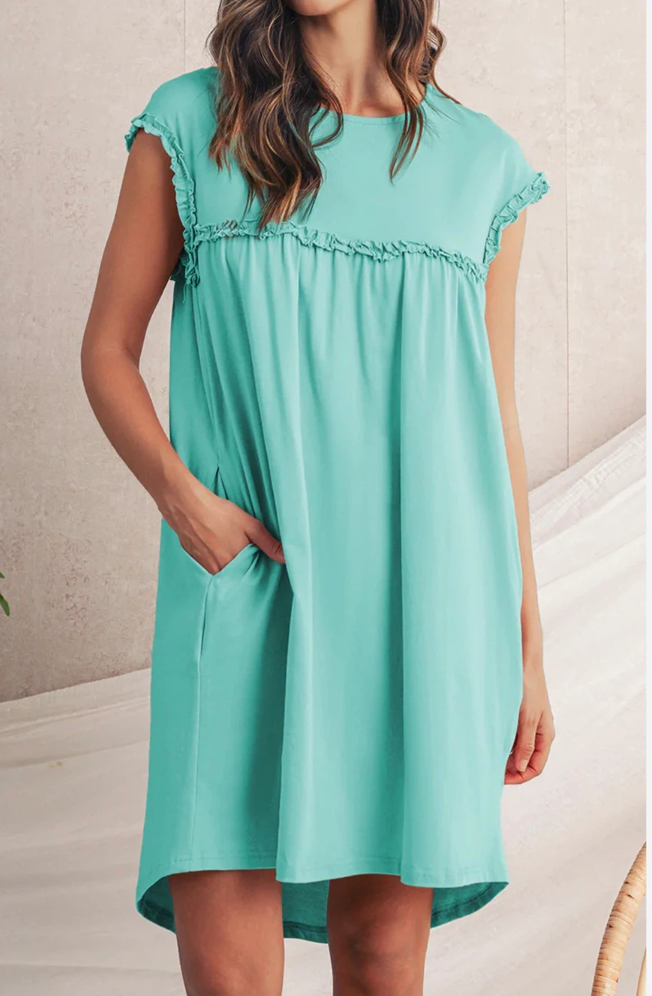 Ruffle Neck Short Sleeve Dress with Pockets
