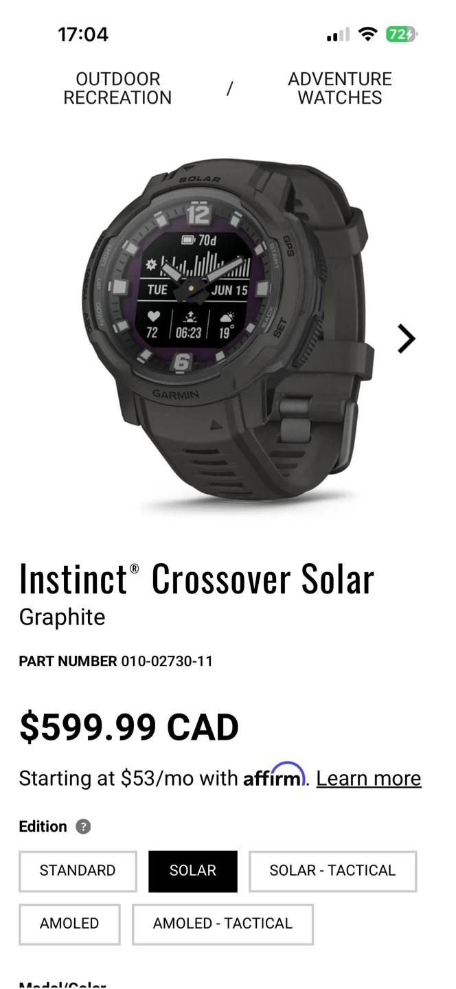 Garmin Instinct Crossover Solar Smartwatch - Graphite