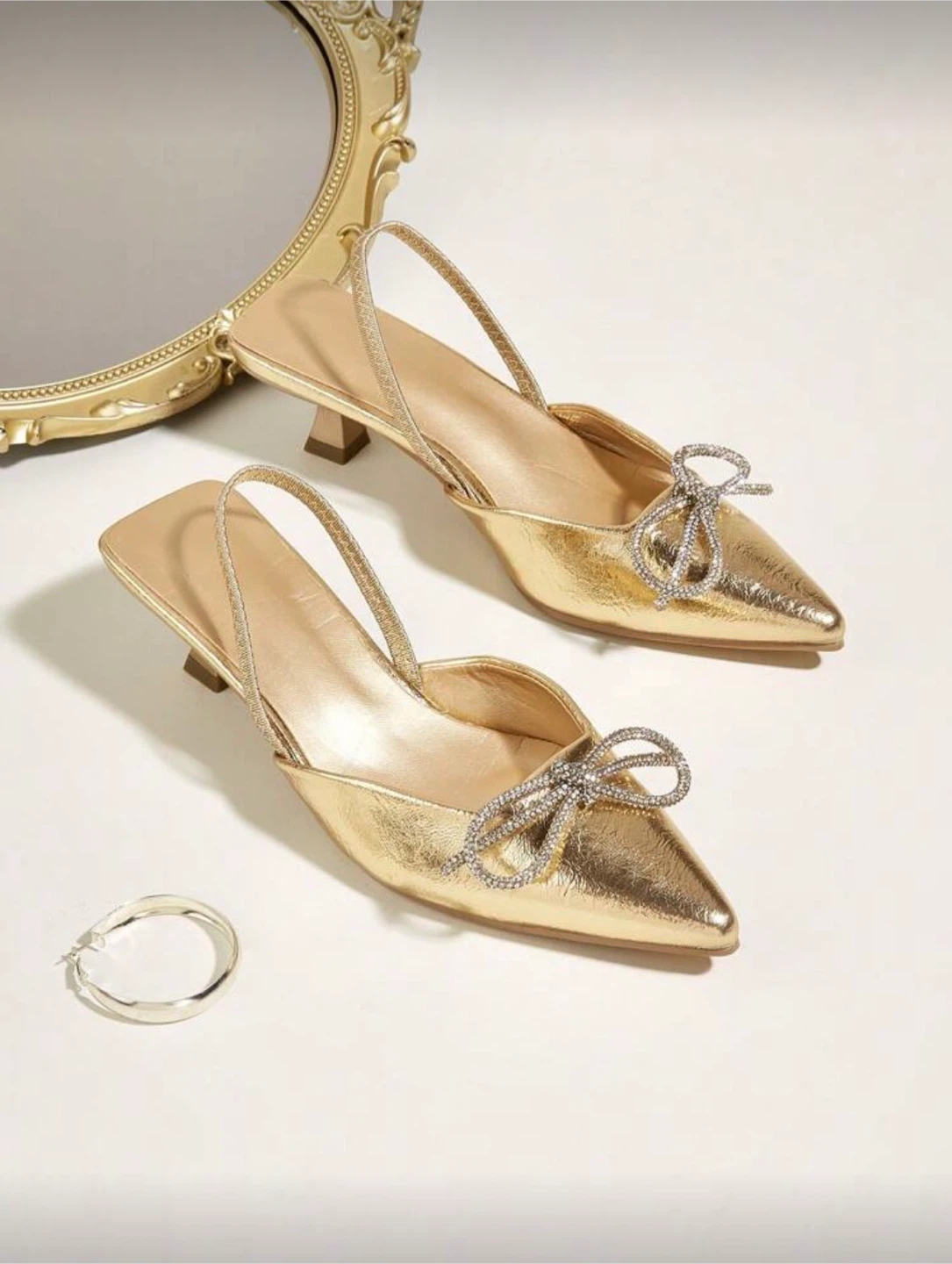 Gold Slingback Heels with Rhinestone Bows