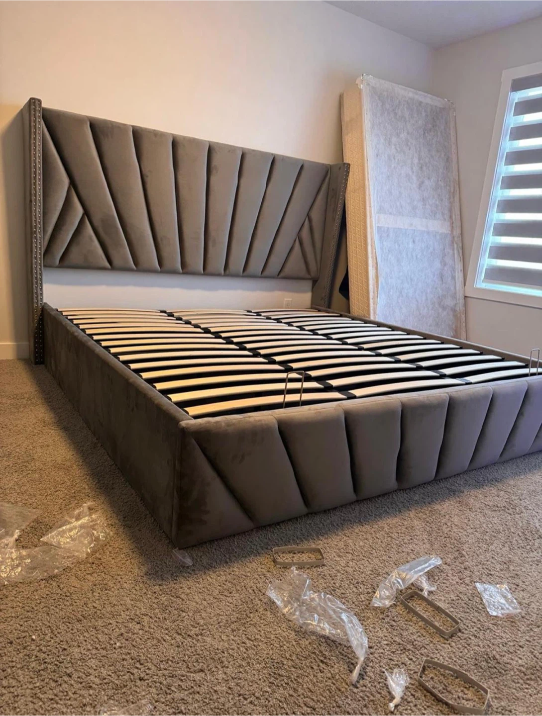 Grey Velvet Upholstered King Bed Frame with Headboard - photo 3