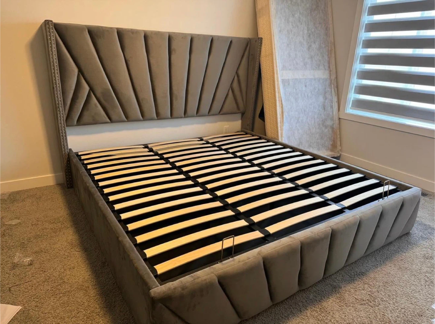 Grey Velvet Upholstered King Bed Frame with Headboard - photo 2
