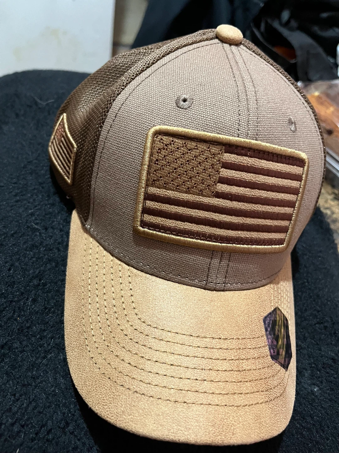 Brown Trucker Hat with American Flag Patch