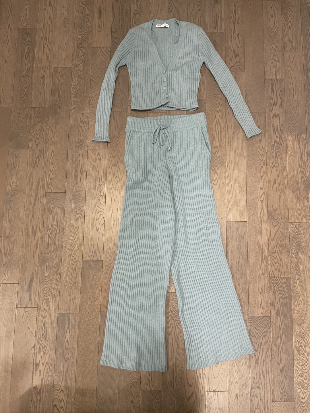 ZARA Ribbed Cardigan and Pants Set - Light Blue - Medium - photo 2