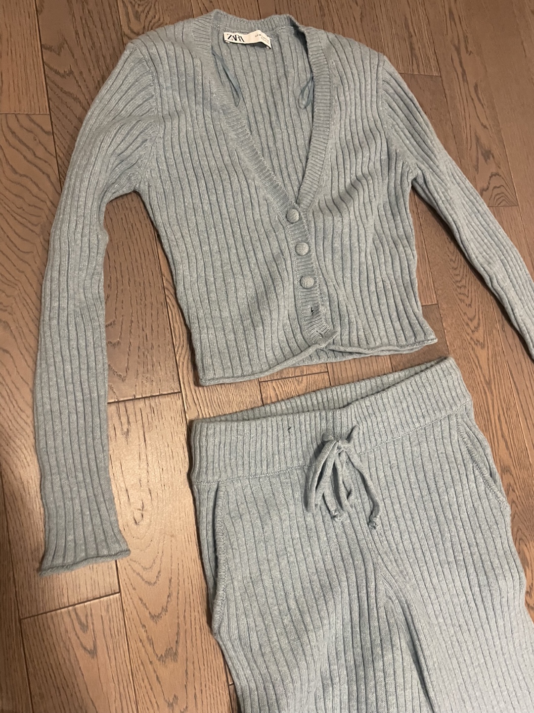 ZARA Ribbed Cardigan and Pants Set - Light Blue - Medium