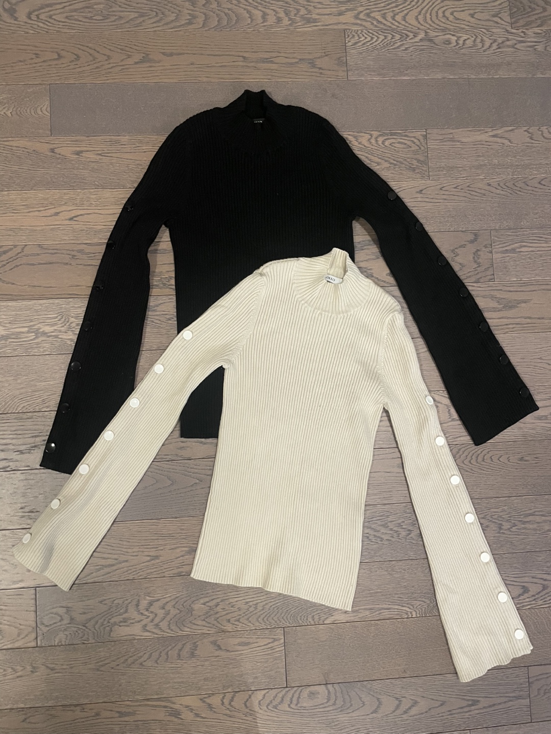 Black and Cream Ribbed Mock Neck Flare Sleeve Tops