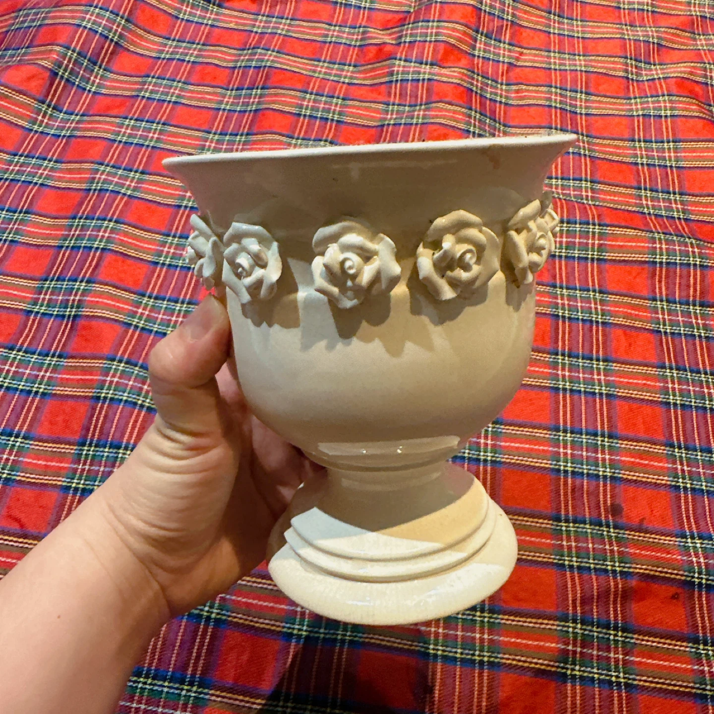 Cream Ceramic Urn Planter with Rose Embellishments