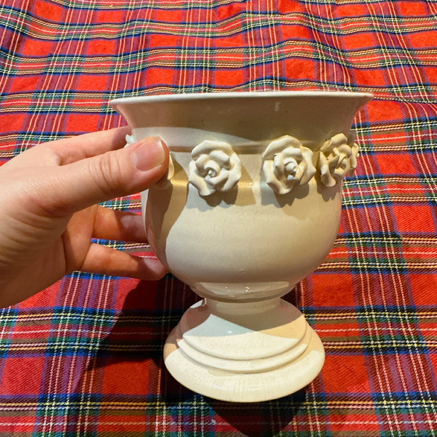 Cream Ceramic Urn Planter with Rose Embellishments - photo 3