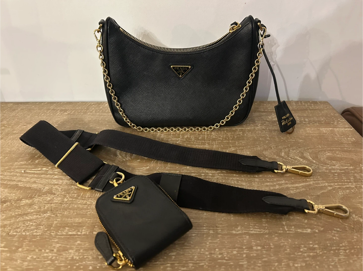 Prada Black Leather Re-Edition Shoulder Bag with Pouch