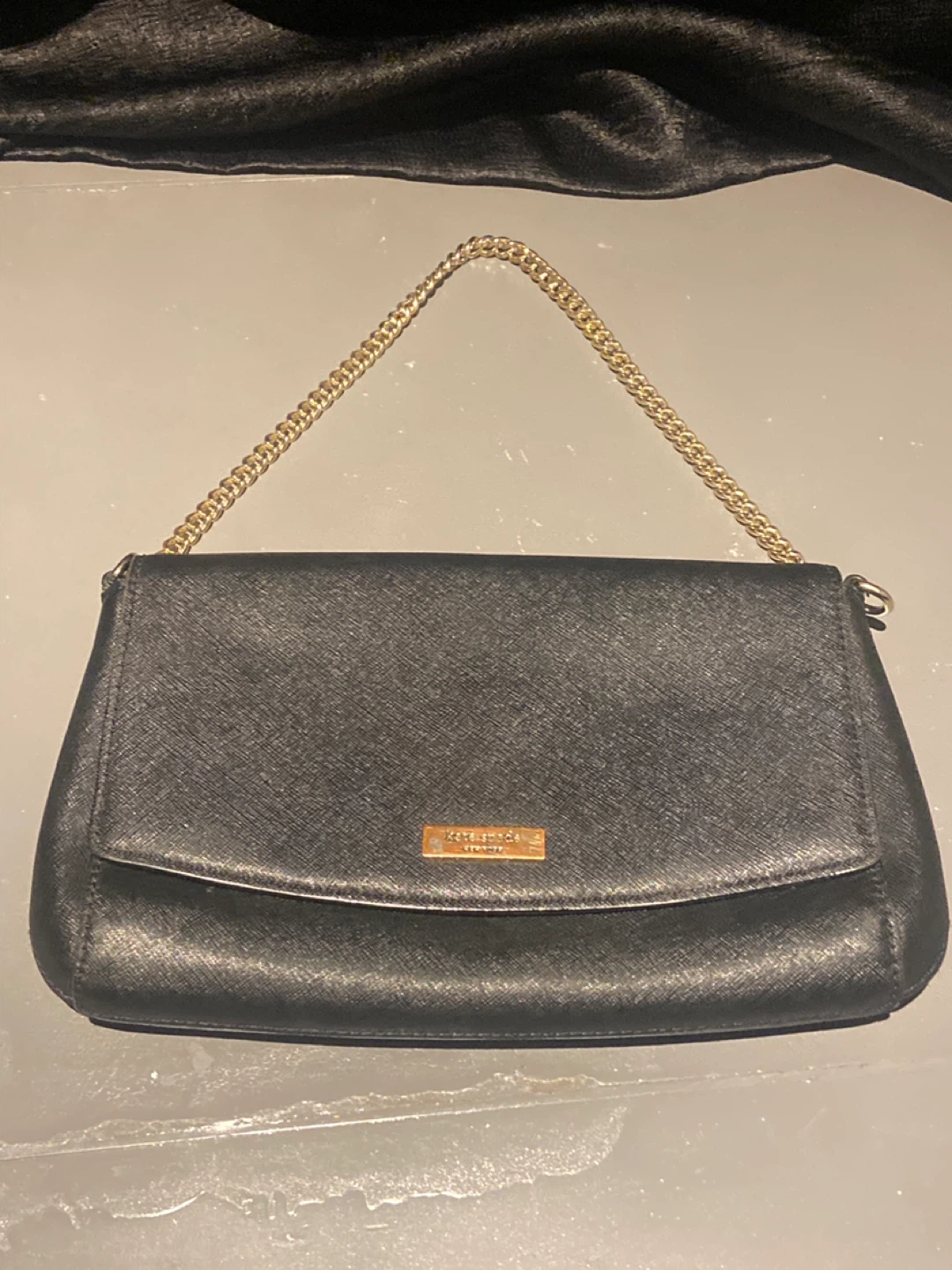 Kate Spade Black Saffiano Leather Shoulder Bag with Gold Chain
