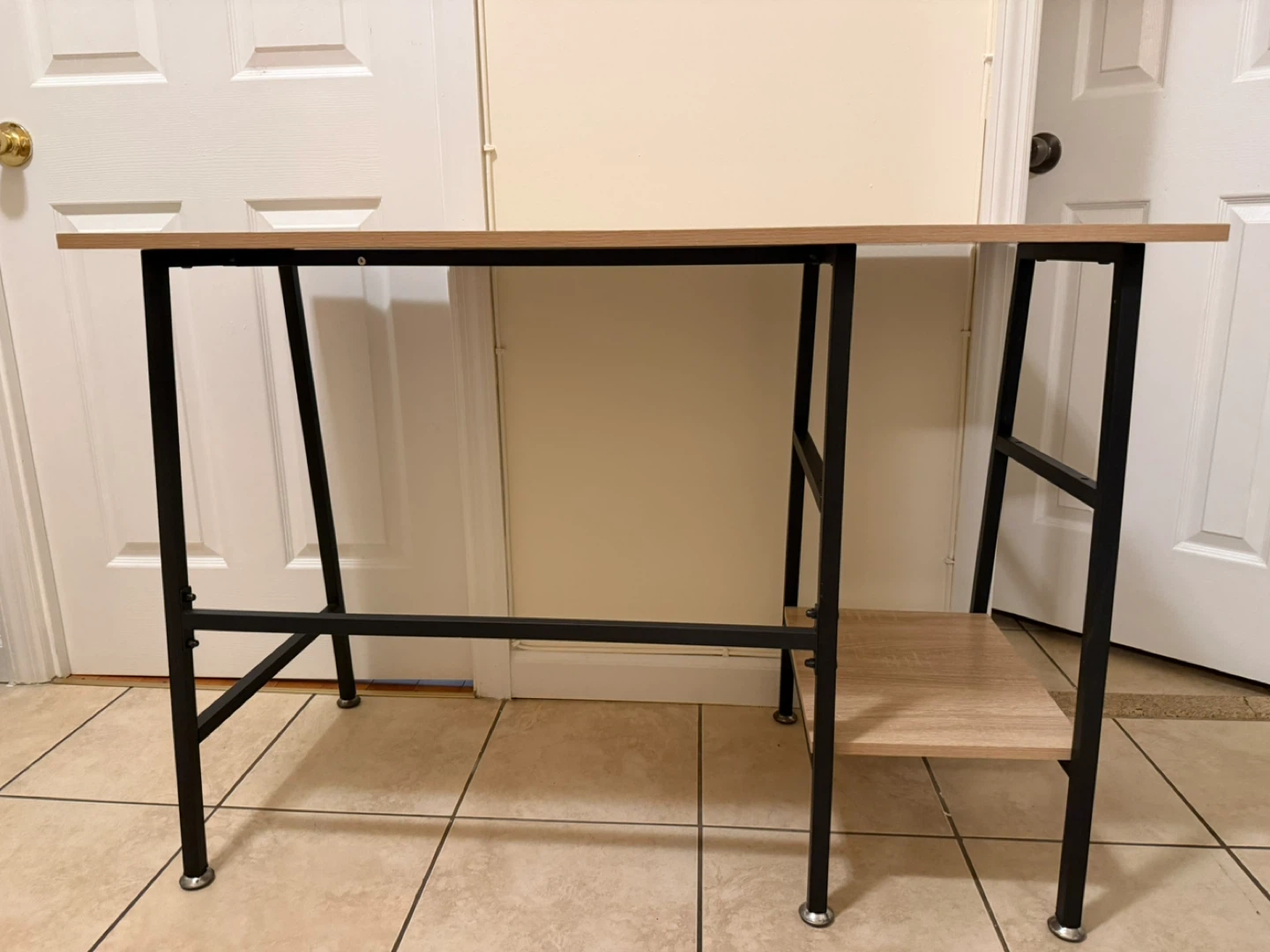 Wood Grain Desk with Black Metal Frame and Shelf
