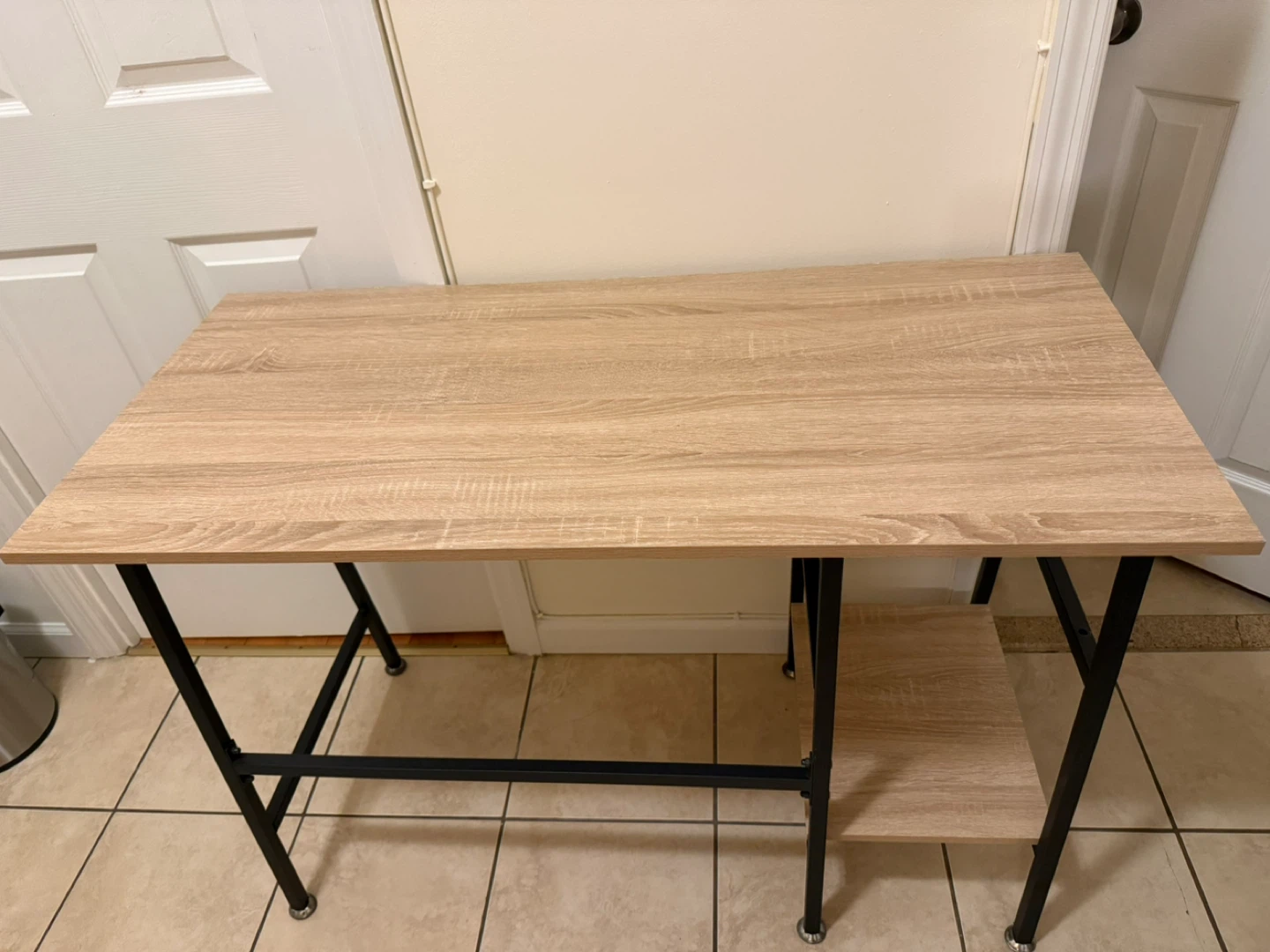 Wood Grain Desk with Black Metal Frame and Shelf - photo 2