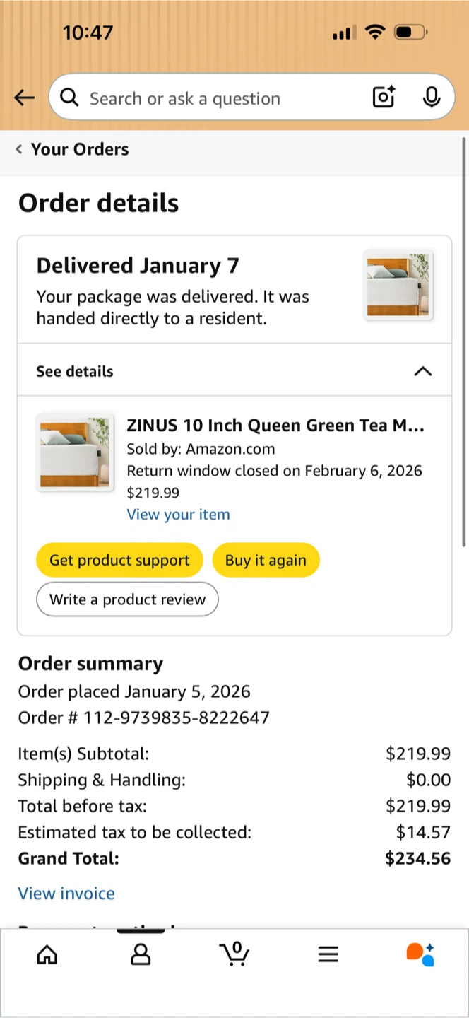 Zinus 10 Inch Queen Green Tea Memory Foam Mattress
