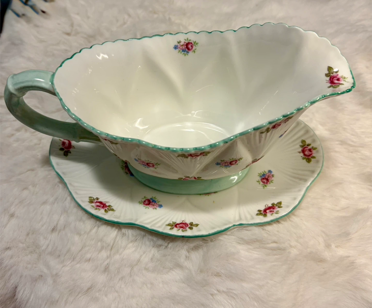 Vintage Shelley “Rosebud” Bone China Gravy Boat & Saucer