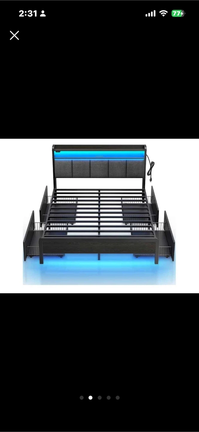 Storage Headboard Bed Frame with Charging Station and LED Lights