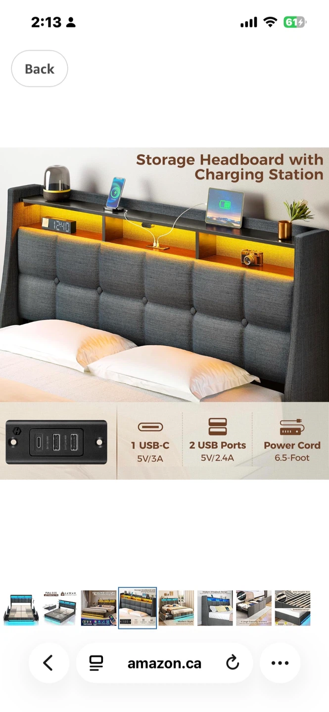 Storage Headboard Bed Frame with Charging Station and LED Lights - photo 3