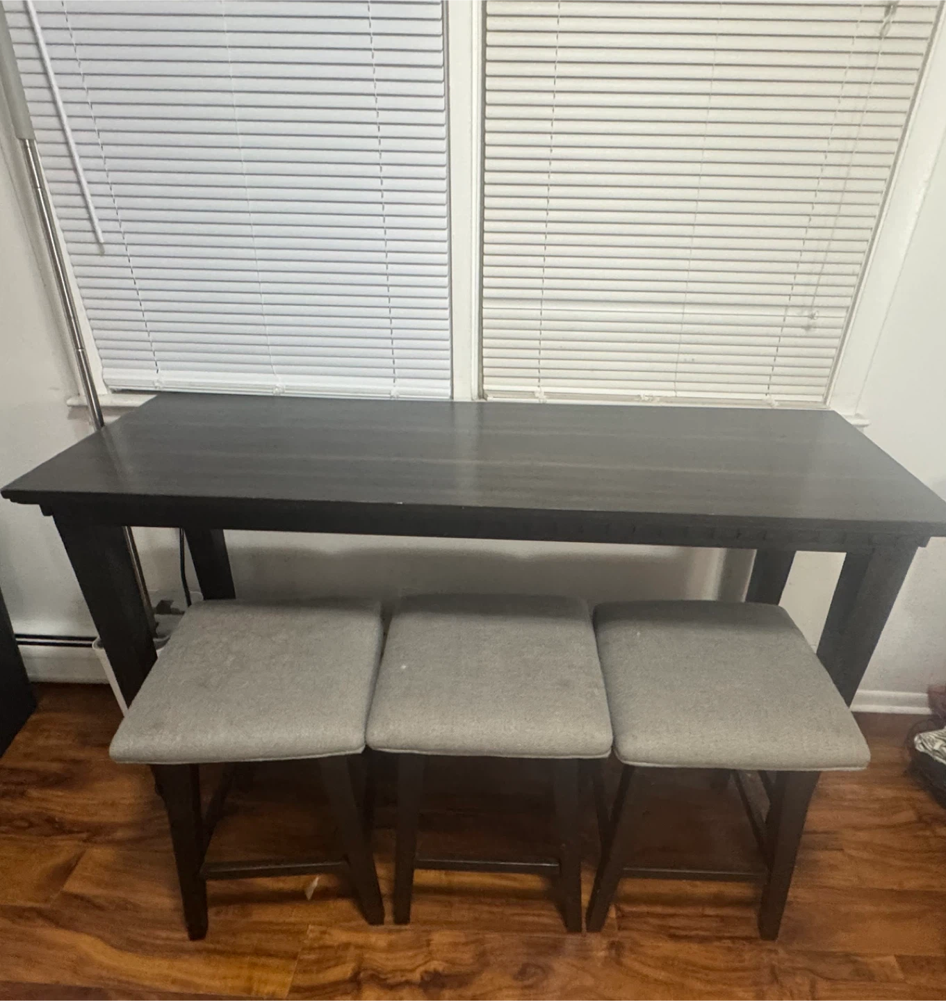Dark Wood Console Table with 3 Gray Stools