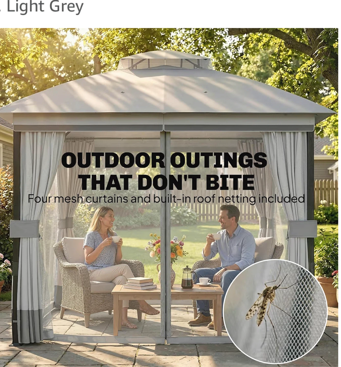 Gazebo with Mosquito Netting and Curtains - Light Grey