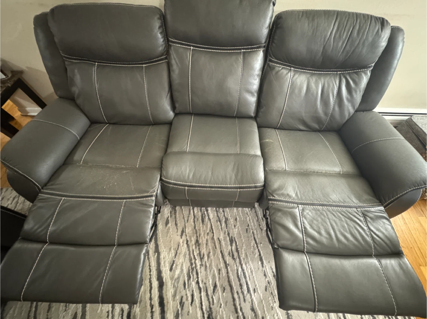 Dark Gray Leather Reclining Sofa with Center Console