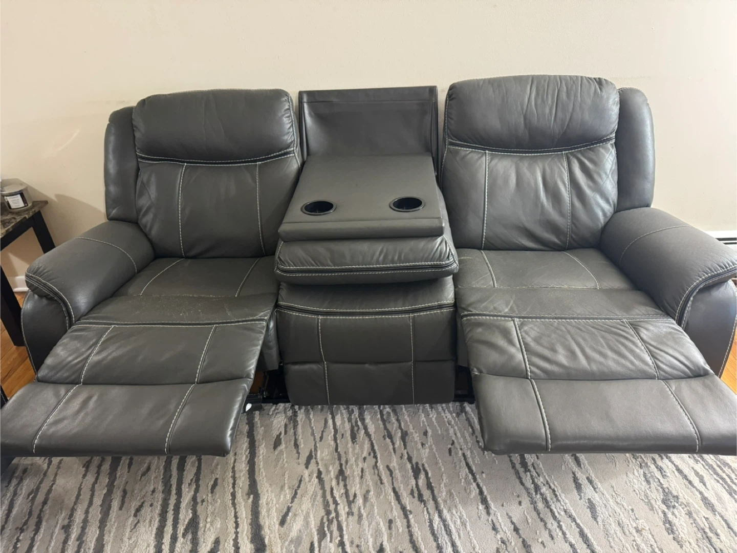 Dark Gray Leather Reclining Sofa with Center Console - photo 2