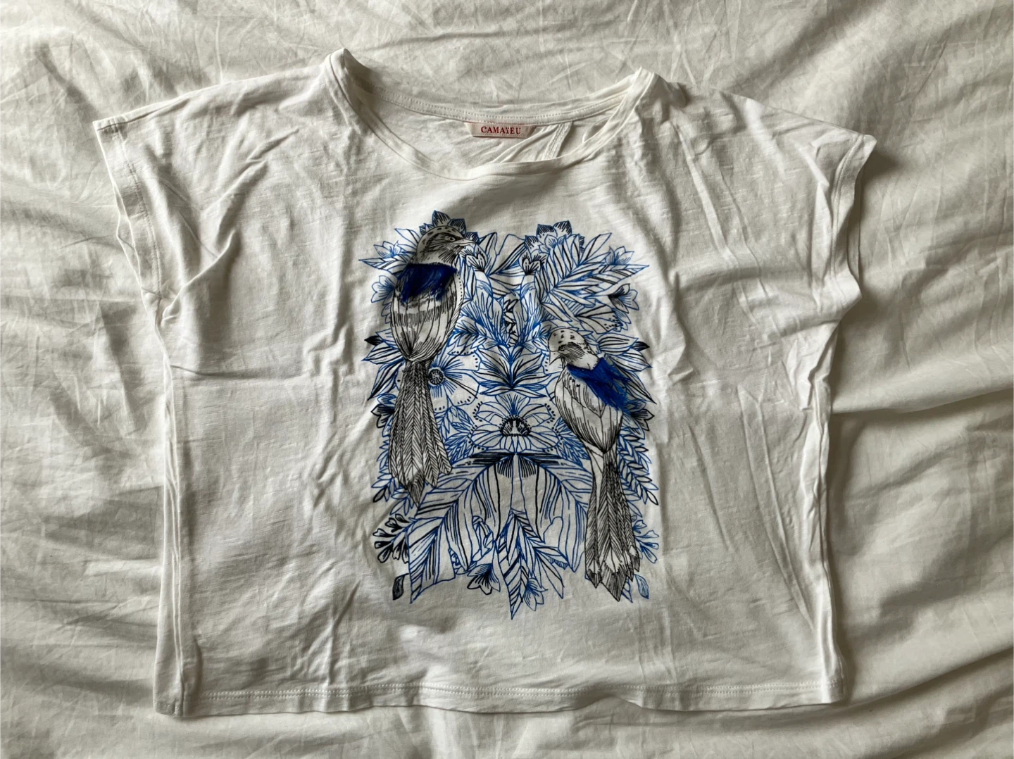 Cropped White Tee with Blue Bird Print