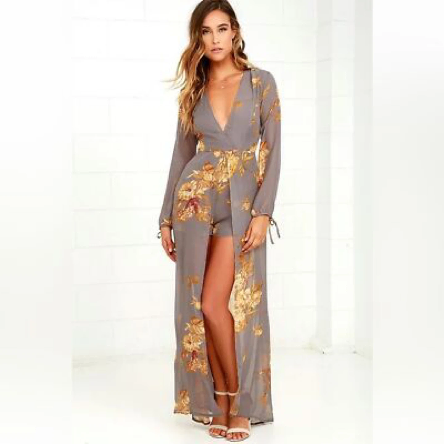 Lulus Grey Floral Maxi Dress / Romper - photo 2