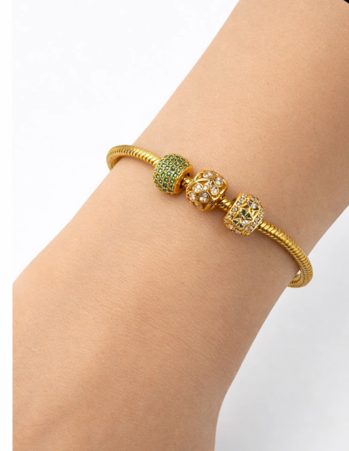 Gold Charm Bracelet with 3 Decorated Beads