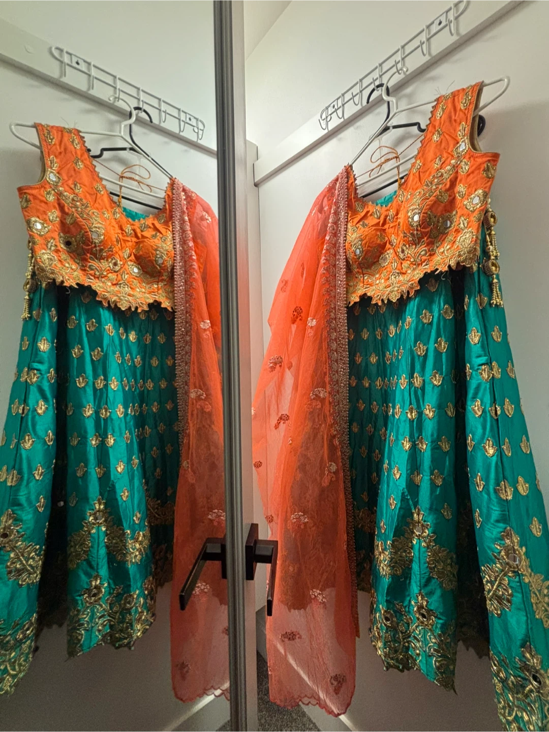 Orange and Teal Lengha with Dupatta