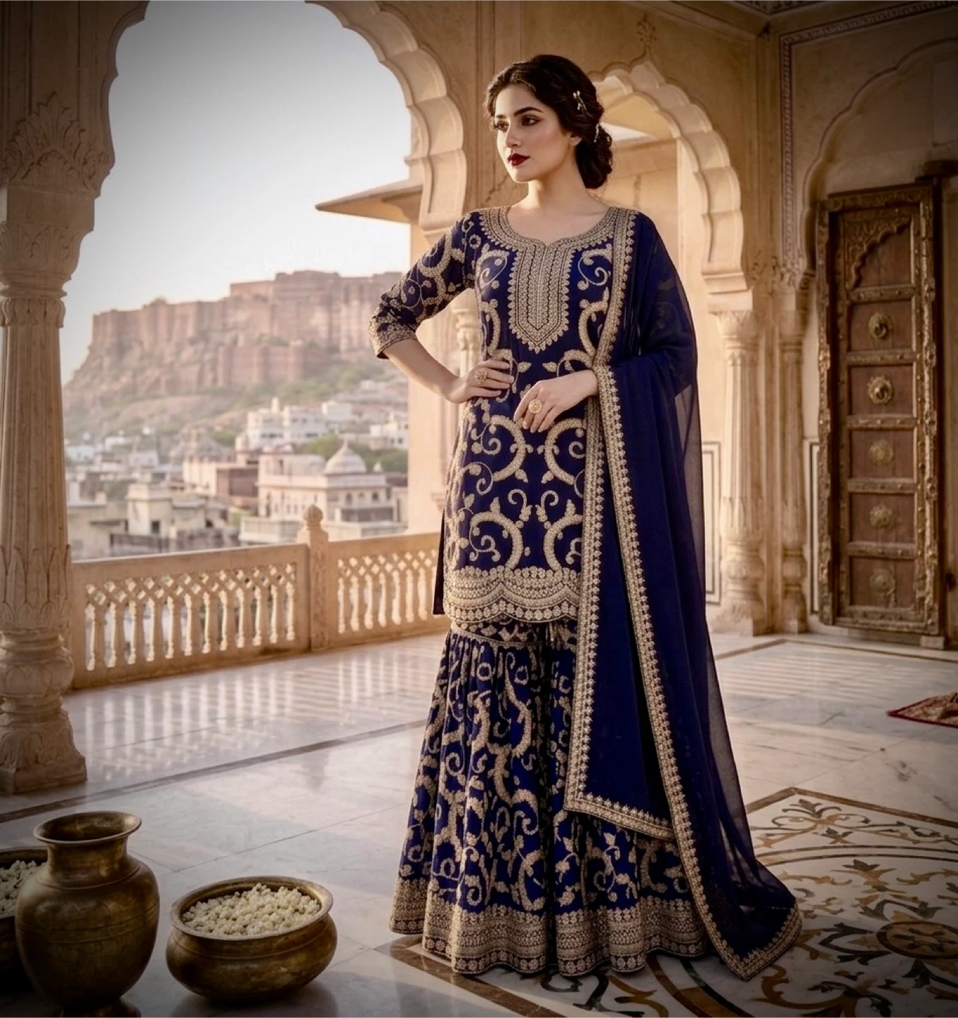 Embroidered Blue Sharara Suit with Dupatta