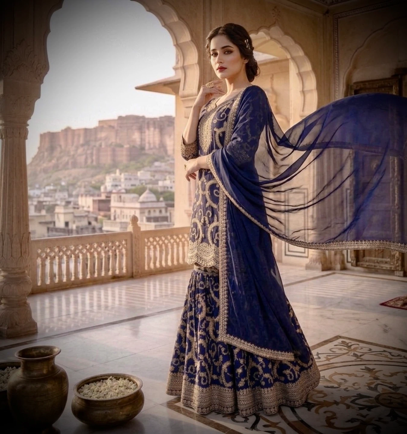 Embroidered Blue Sharara Suit with Dupatta - photo 2