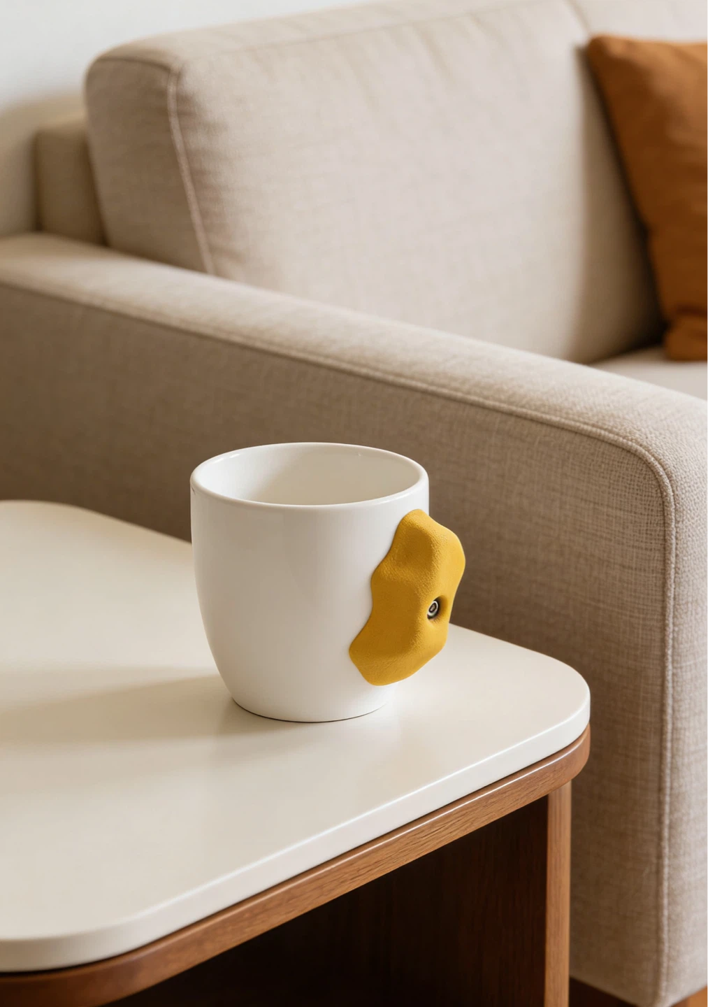 White Ceramic Mug with Yellow Climbing Hold Handle