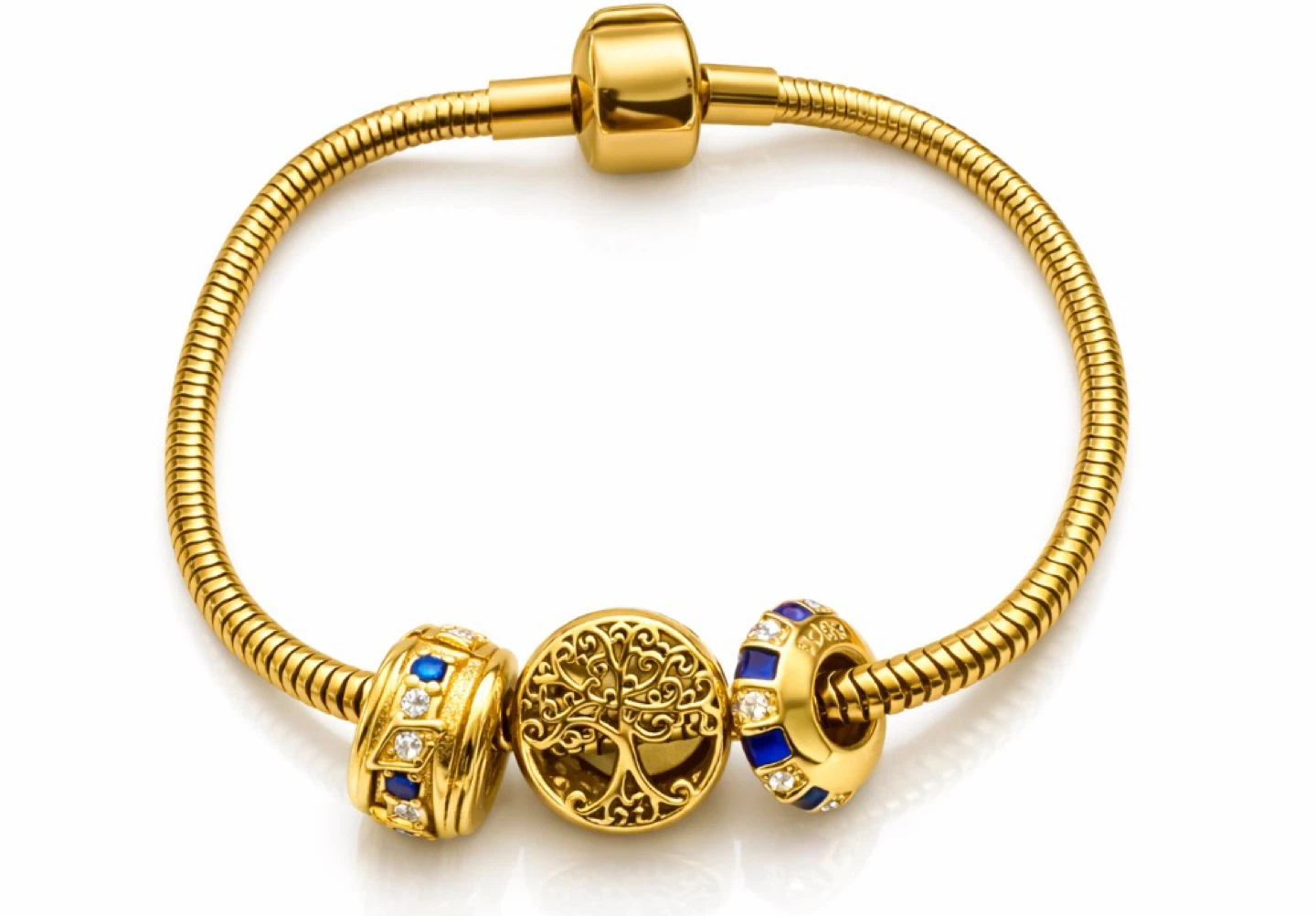 S 925- Gold Tone Charm Bracelet with Tree of Life and Blue Gems